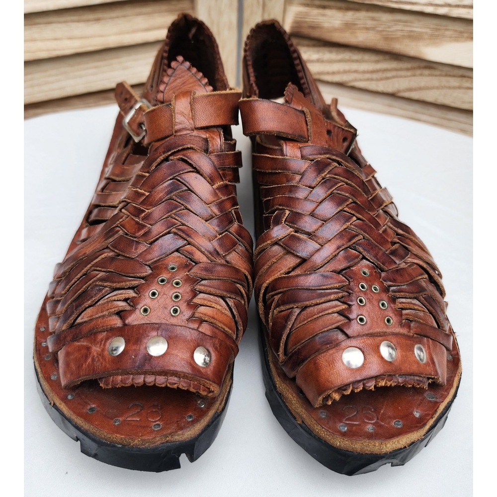 Handmade Sz 9 Brown Leather Huarache Sandals Woven Mexican Quiet Luxury Boho